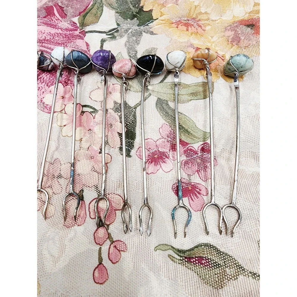 Vintage Lot Of 12 Stone Small‎ Cocktail Picks Poker Metal Bohemian Nature